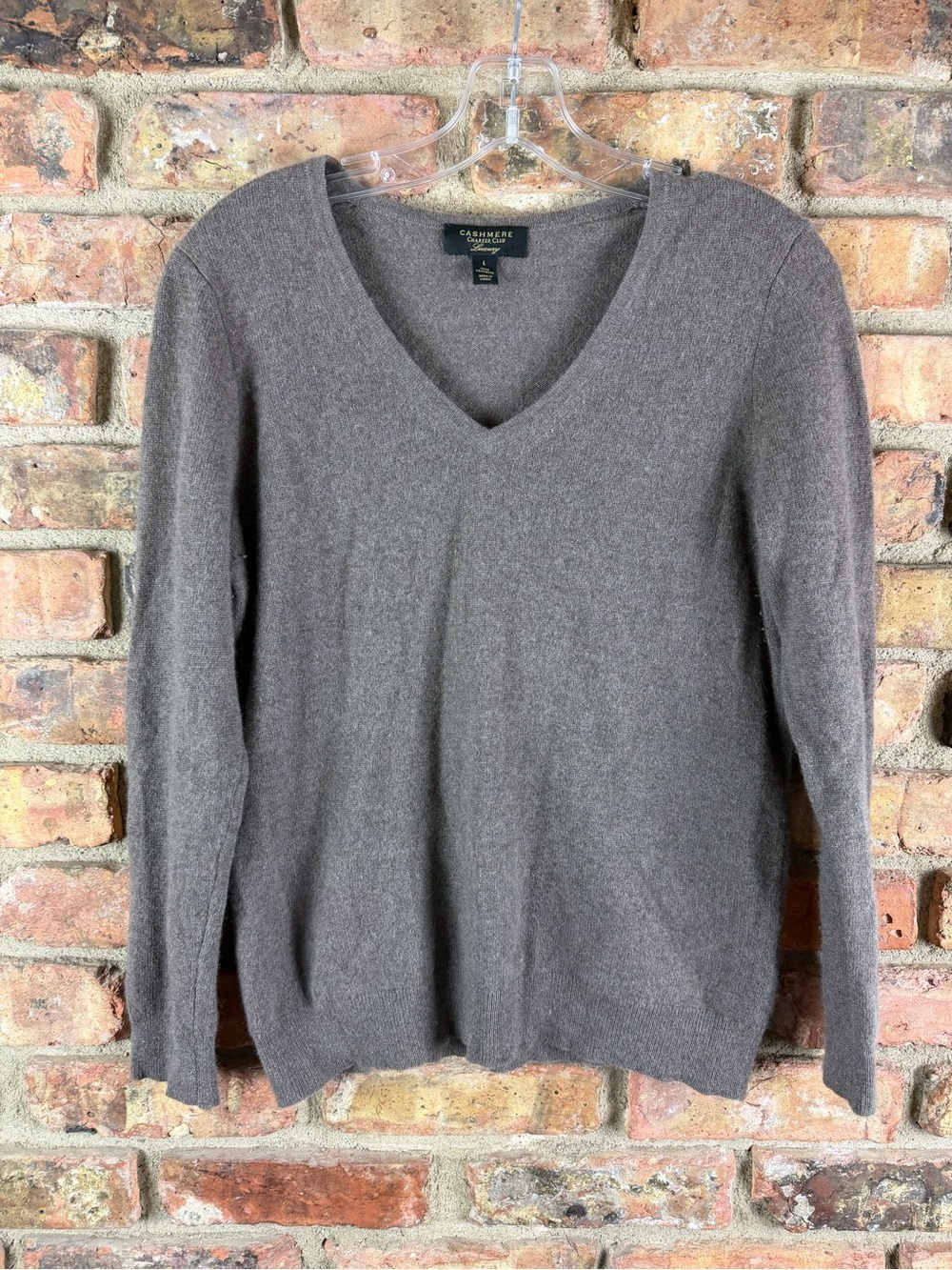Charter Club Cashmere Sweater Womens L brown V-Neck Long Sleeve Luxury Knit